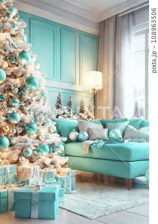 Christmas and New Year interior living room concept, home style with in light blue tones. 108963506