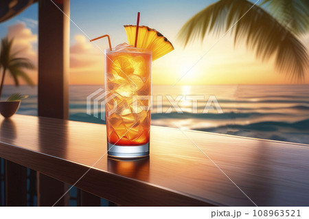 Refreshing exotic fruit tropical cocktail on beach resort at sunset, Illustartion, HD Photorealistic. 108963521