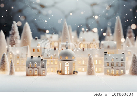Snowy toy houses with blurred garland lights. Generative AI 108963634