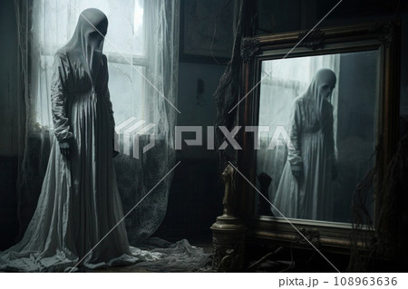 Creepy ghost reflection in mirror. Generative AI 108963636
