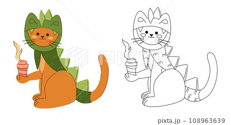 A cat character in a dragon costume with a glass of coffee to go. Color, black and white vector illustration. A cat character in a dragon costume with a glass of coffee to go. Color, black and white vector illustration. 108963639