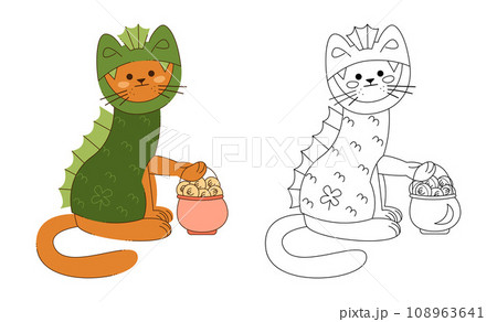 A cat character in a dragon costume with pot with euro coins. Color, black and white vector illustration. A cat character in a dragon costume with pot with euro coins. Color, black and white vector illustration. 108963641