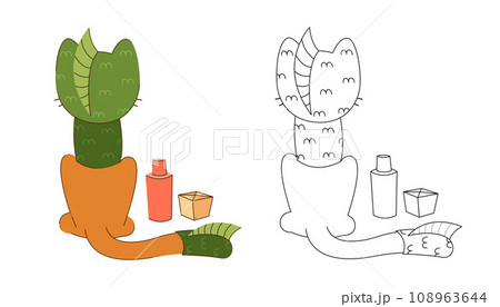 A cute cat character in a dragon costume sits with his back to us. Color, black and white vector illustration. 108963644