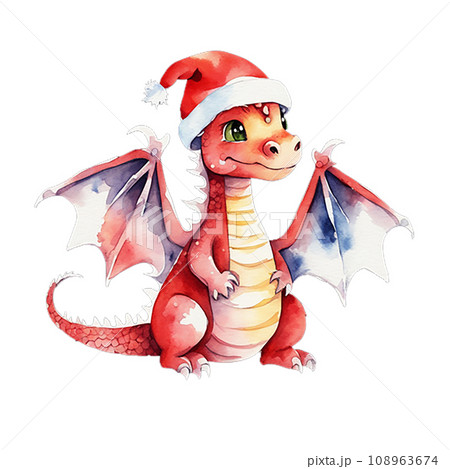 A cute dragon is a symbol of 2024 in a red riding hood. Watercolor illustration A cute dragon is a symbol of 2024 in a red riding hood. Watercolor illustration 108963674