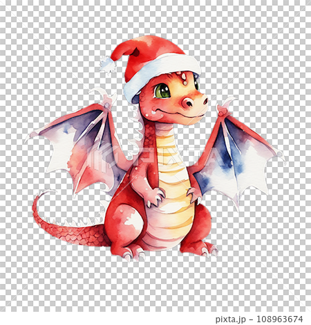 A cute dragon is a symbol of 2024 in a red riding hood. Watercolor illustration A cute dragon is a symbol of 2024 in a red riding hood. Watercolor illustration 108963674
