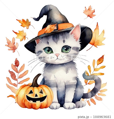 Watercolor Halloween white kitten. Cat in hats with pumpkins Watercolor Halloween white kitten. Cat in hats with pumpkins 108963681