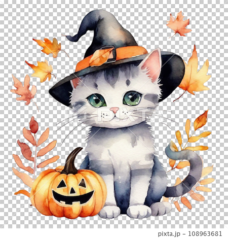 Watercolor Halloween white kitten. Cat in hats with pumpkins Watercolor Halloween white kitten. Cat in hats with pumpkins 108963681