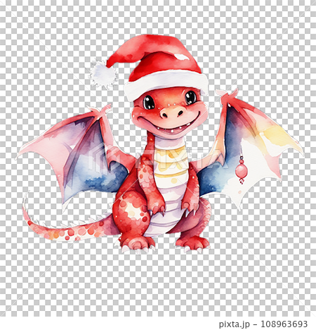 A cute dragon is a symbol of 2024 in a red riding hood. Watercolor illustration A cute dragon is a symbol of 2024 in a red riding hood. Watercolor illustration 108963693