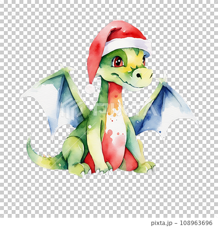 A cute dragon is a symbol of 2024 in a red riding hood. Watercolor illustration A cute dragon is a symbol of 2024 in a red riding hood. Watercolor illustration 108963696
