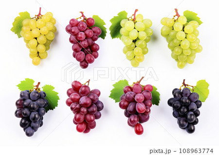 different types of grapes of various colors isolated on white background 108963774