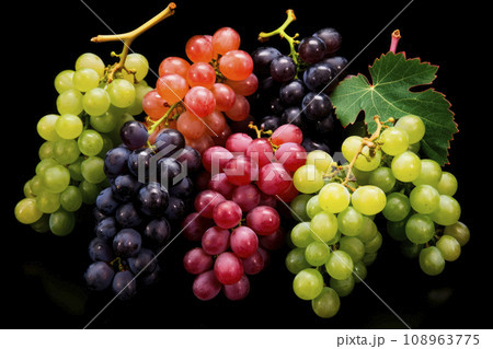 different types of grapes of various colors isolated on black background 108963775
