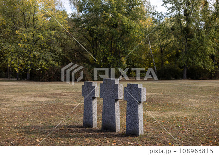Stone tombstones in the German cemetery in the fall. Beautiful German cemetery near Kyiv. Many dead German soldiers of the dead during the 2nd World War. 108963815