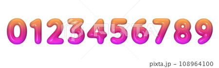 3D plastic numbers, gradient of orange, red and purple. Collection of glossy numbers from 0 to 9. Vector  108964100