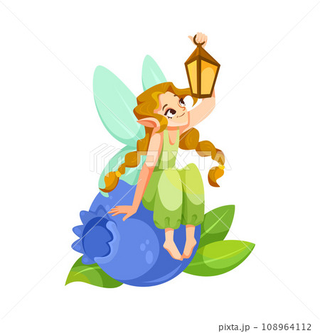 Elf and Fairy Girl Character with Wings Sit on Berry with Lantern Vector Illustration Elf and Fairy Girl Character with Wings Sit on Berry with Lantern Vector Illustration 108964112