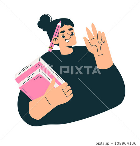 Education with Woman Character with Books Show V sign Gesture Learning and Study Vector Illustration 108964136