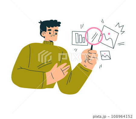 Education with Man Character with Magnifier Search for Information Learning and Study Vector Illustration 108964152