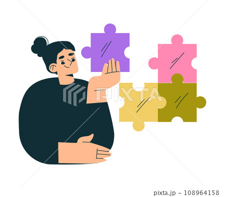 Education with Woman Character with Jigsaw Puzzle Piece Learning and Study Vector Illustration 108964158