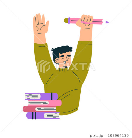 Education with Man Character Cheering with Raised Hands Have Success in Learning and Study Vector Illustration 108964159