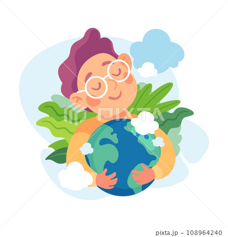 Ecology with Little Boy Character Tender Embrace Planet Earth Enjoy Sustainable Lifestyle Vector Illustration 108964240