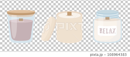 Trendy cozy candles set in pastel colors. Candles with wooden wick, vector illustration in flat cartoon style. Home decor. Trendy cozy candles set in pastel colors. Candles with wooden wick, vector illustration in flat cartoon style. Home decor. 108964383