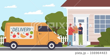 Food delivery scene. Courier in overalls passes groceries package to man, truck with products, service to doorstep. Deliveryman and customer with paper bags cartoon flat nowaday vector concept Food delivery scene. Courier in overalls passes groceries package to man, truck with products, service to doorstep. Deliveryman and customer with paper bags cartoon flat nowaday vector concept 108964483