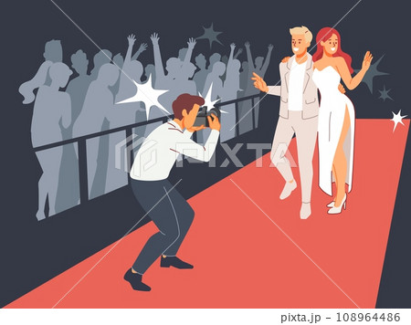 Elegant couple on red carpet. Famous people event, hollywood actors under camera flashes, award ceremony, celebrity posing. Happy celebrities and fans cartoon flat style vector concept Elegant couple on red carpet. Famous people event, hollywood actors under camera flashes, award ceremony, celebrity posing. Happy celebrities and fans cartoon flat style vector concept 108964486