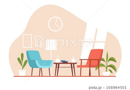 Cozy room with armchairs and small table with cups of tea. Apartment with furniture. Comfortable indoor area design. Modern comfortable interior. Cartoon flat isolated vector concept Cozy room with armchairs and small table with cups of tea. Apartment with furniture. Comfortable indoor area design. Modern comfortable interior. Cartoon flat isolated vector concept 108964501
