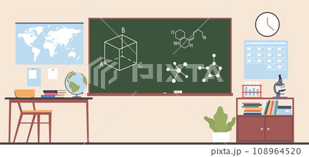 Classroom interior with blackboard and teachers desk. Chemistry or geography empty room. Books on shelves and timetable on wall, microscope and globe. Cartoon flat isolated vector concept 108964520