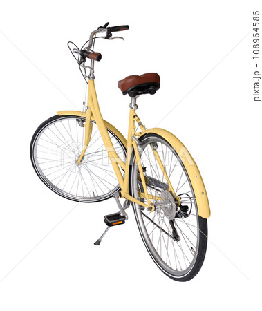 Yellow retro bicycle with brown saddle and handles, generic bike back view Yellow retro bicycle with brown saddle and handles, generic bike back view 108964586