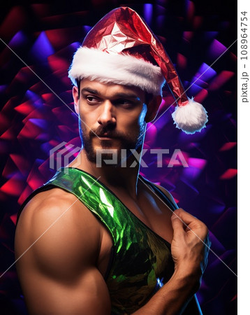 A muscular man in a Christmas hat and sunglasses. Festive lights and sparkles at the backgrounds 108964754