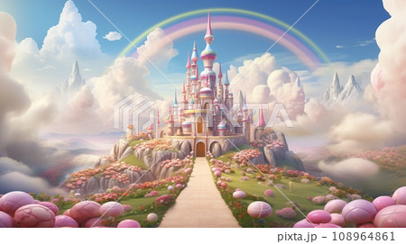 A fabulous pink castle with a path of lush flowers and cotton candy clouds 108964861