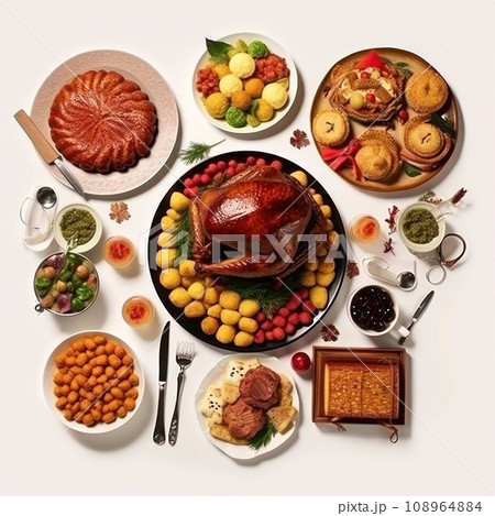 Christmas dinner isolated on white background. Roast turkey potatoes and vegetables Christmas dinner isolated on white background. Roast turkey potatoes and vegetables 108964884