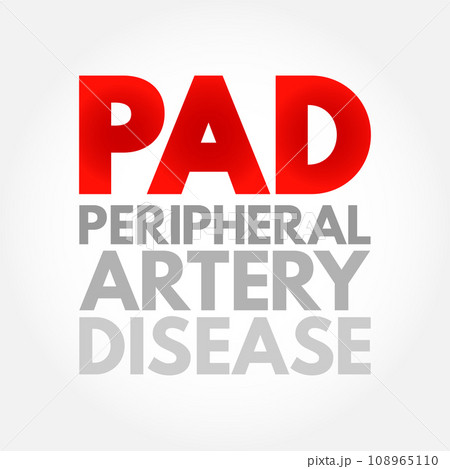 PAD Peripheral Artery Disease - circulatory problem in which narrowed arteries reduce blood flow to your limbs, acronym text concept background PAD Peripheral Artery Disease - circulatory problem in which narrowed arteries reduce blood flow to your limbs, acronym text concept background 108965110