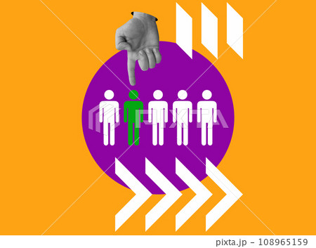Collage with a hand pointing to a figure. Human resources and the labor market. Select and recruit employees. Collage with a hand pointing to a figure. Human resources and the labor market. Select and recruit employees. 108965159
