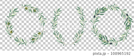 Watercolor olive wreaths. Circle and oval border frames, green and black fruits. Isolated on white background. Hand drawn botanical illustration. Can be used for cards, logos and food design. Watercolor olive wreaths. Circle and oval border frames, green and black fruits. Isolated on white background. Hand drawn botanical illustration. Can be used for cards, logos and food design. 108965192