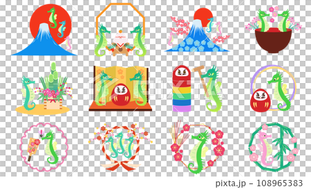 日本新年材料和龍的插圖 108965383