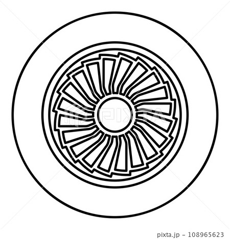 Turbine airplane turbomachine jet engine aircraft motor fan plane contour outline line icon black color vector illustration image thin flat style 108965623