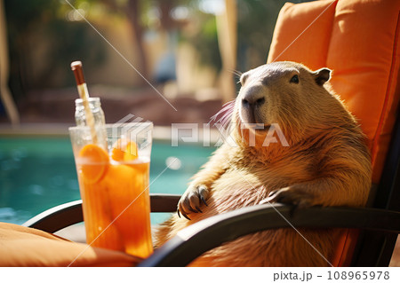 Capybara lying on a lounge chair by the pool, with orange juice 108965978