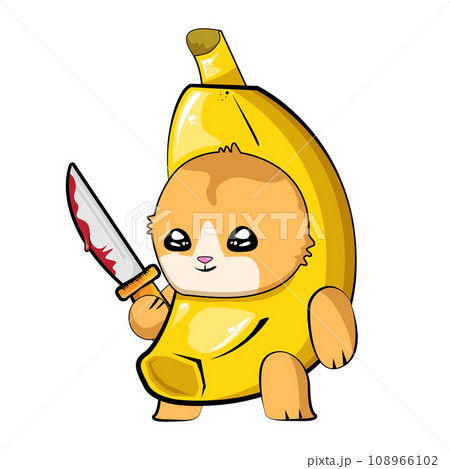 Banana Cat holding bloody knife vector isolated on white background. Funky Sad banana cat meme with knife cartoon vector sticker, label and icon for printing on t shirt. Halloween funky illustration 108966102