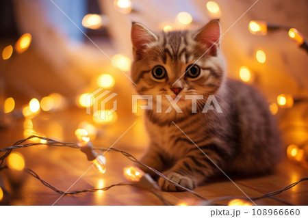 A kitten sits surrounded by the enchanting glow of garland lights A kitten sits surrounded by the enchanting glow of garland lights 108966660