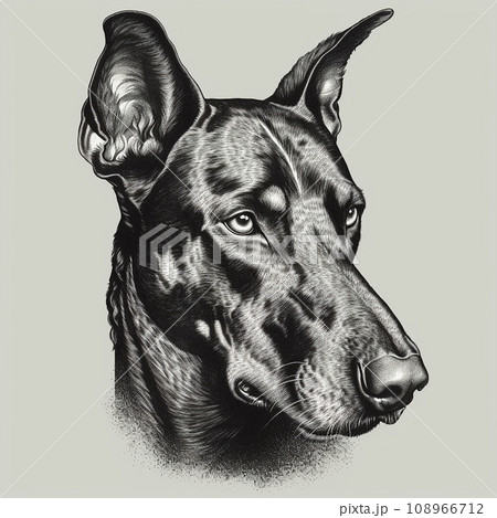 Doberman, engraving style, close-up portrait, black and white drawing, cute dog, favorite pet 108966712