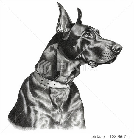 Doberman, engraving style, close-up portrait, black and white drawing, cute dog, favorite pet 108966713