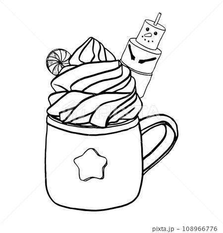 Hot drink chocolate cup with whipped cream and Christmas marshmallow snowman, chocolate candies. Graphics vector illustration coffee mug cute design. Winter season warm cocoa bar menu Hot drink chocolate cup with whipped cream and Christmas marshmallow snowman, chocolate candies. Graphics vector illustration coffee mug cute design. Winter season warm cocoa bar menu 108966776