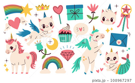 Cute unicorn set on white background. Vector illustration for birthday, invitation, baby shower card, kids tshirts. Cute unicorn set on white background. Vector illustration for birthday, invitation, baby shower card, kids tshirts. 108967297