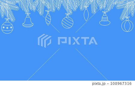 White frosted pine branches with festive balls on blue background, border with copy space, vector 108967316