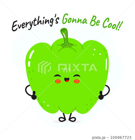 Green pepper character. Everything is gonna be cool card. Vector hand drawn cartoon kawaii character illustration icon. Isolated on white background Green pepper character concept 108967725