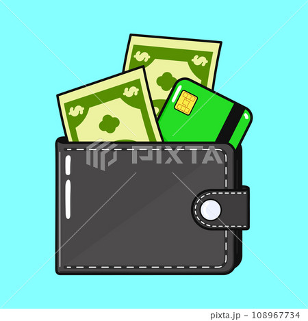 Cute funny Wallet with money and credit card. Vector hand drawn cartoon kawaii character illustration icon. Isolated on blue background. Wallet with money and credit card character concept Cute funny Wallet with money and credit card. Vector hand drawn cartoon kawaii character illustration icon. Isolated on blue background. Wallet with money and credit card character concept 108967734