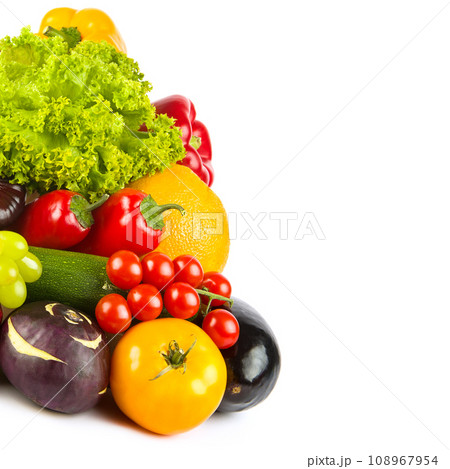 Set of vegetables and fruits isolated on a white. Free space for text. Set of vegetables and fruits isolated on a white. Free space for text. 108967954