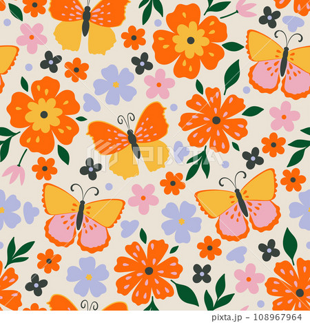 Seamless pattern with orange butterflies and flowers. Vector graphics. 108967964