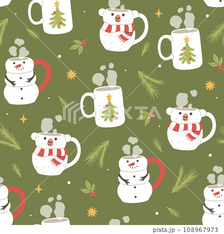 Seamless Christmas pattern with festive mugs. Vector graphics. 108967973